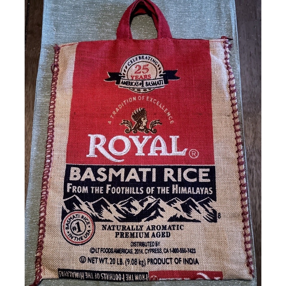 3 Royal Basmati Rice (20 lb.) EMPTY Burlap Sack Zippered Bags w/handles